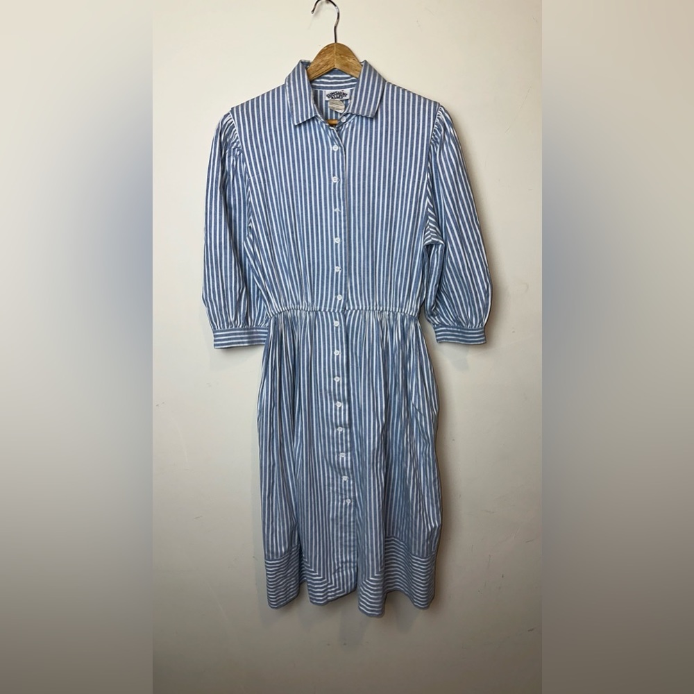 Vintage Sunshine Valley Women's Striped Button Up Dress Balloon Sleeves Midi USA